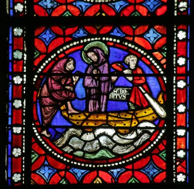 Vitrail représentant Scène de la Vie de Saint Bonnet : Saint en Route pour Rome et Aventures attendant son Compagnon - French School